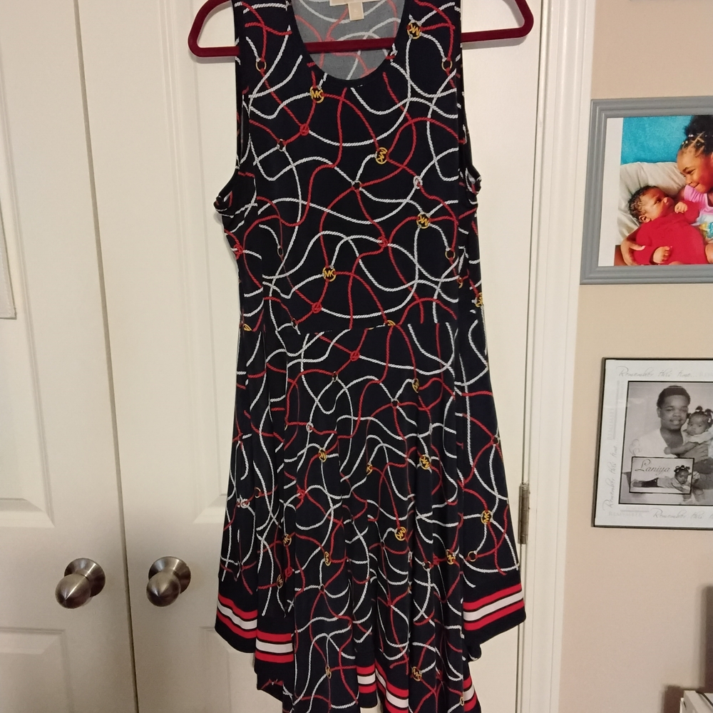 Michael Kors Asymmetrical Dress in Blue Red, and White